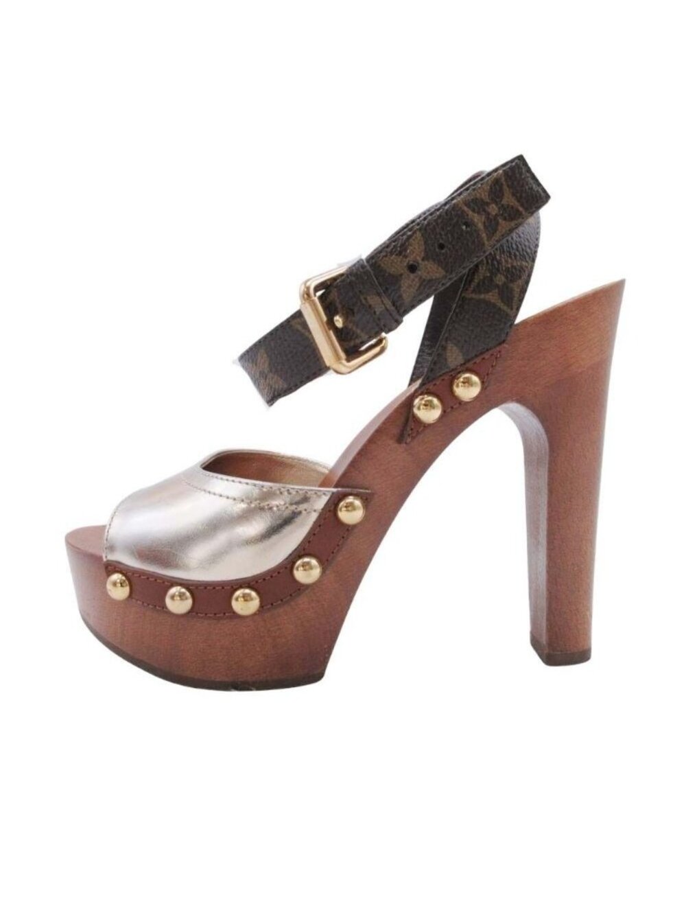 Louis Vuitton Monogram Ankle Belt Sandals Wood Sole Shoes Brown Gold 35